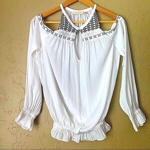 Ramy Brook Harper Cold-Shoulder Embroidered Boho Blouse NWOT Sz Small